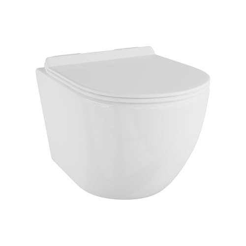 Eridanus Compact Wall Hung Toilet Bathrooms, Ceramic Rimless Design with Integrated WC Pan and Quick Release Soft Close Seat, Glossy White - 490 x 360 x 360mm