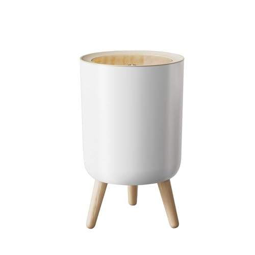 Topinon Kitchen Waste Bins, White Bathroom Trash Can with Lid, Waste Basket for Bedroom with Wooden Legs, Bathroom Small Garbage Can with a Press Top, Bedroom Trash Can,Trash can with Lid
