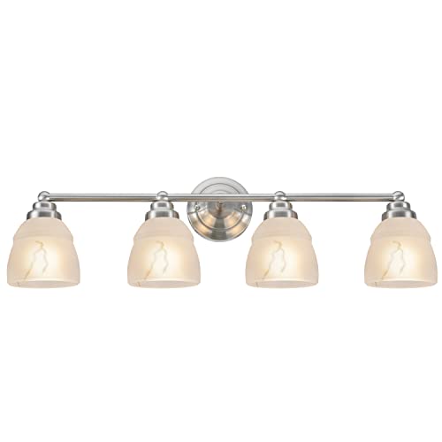 Image of Aspen Creative Satin Nickel 62193-1, Four Metal Bathroom Vanity Wall Light Fixture, 4 3 /4 inch Wide, Transitional Design Faux Alabaster Glass Shade