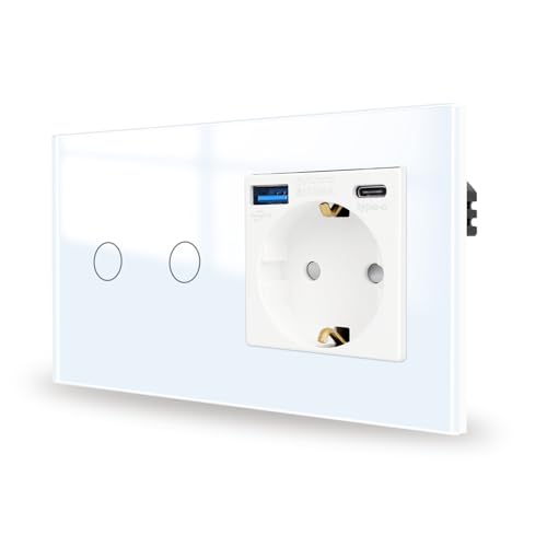 JIMEIDA Interruttore touch screen con presa di ricarica rapida 20W, colore bianco con porte USB (USB A e tipo C) a 2 vie e 1 direzione, pannello in vetro e LED di stato, interruttore a parete, non