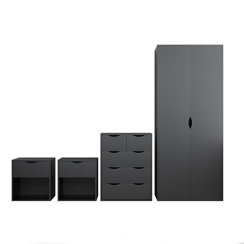 AFN Delvito 4 Piece Bedroom Furniture Set - Includes Wardrobe, 5 Drawer Chest, Bedside Cabinet (Black MATT on Black)