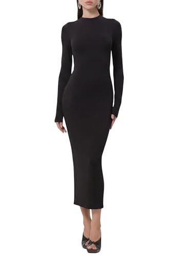 AFRM Women's Juniper Mock Neck Long Sleeve Midi Bodycon Dress, Noir, Small