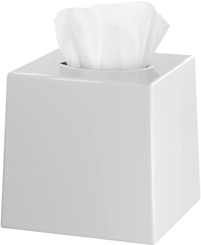 White Tissue Box Cover Square - Plastic Facial Tissue Box Holder - Decorative Cube Tissue Holder Dispenser Fits Any Vanity Countertop, Bedroom Dresser, Office, Bathroom Decor