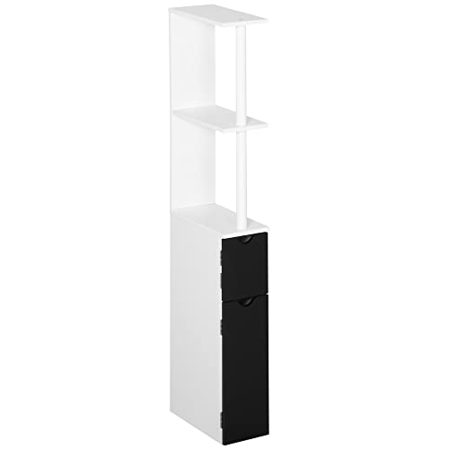 kleankin Armario Alto de Baño con 2 Puertas y 2 Estantes Abiertos Columna Auxiliar de Baño para Salón Aseo Dormitorio Estilo Moderno 15,2x29,8x118 cm Blanco y Negro Cover