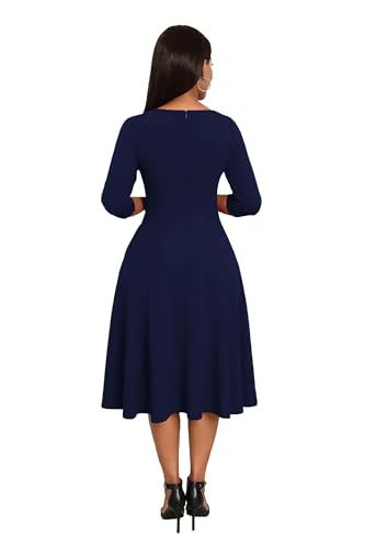 Image of Nmoder Midi Dresses for Women A-Line Fit and Flare Dress 3 /4 Sleeve V Neck Cocktail Wedding Guest Work Dress with Pockets