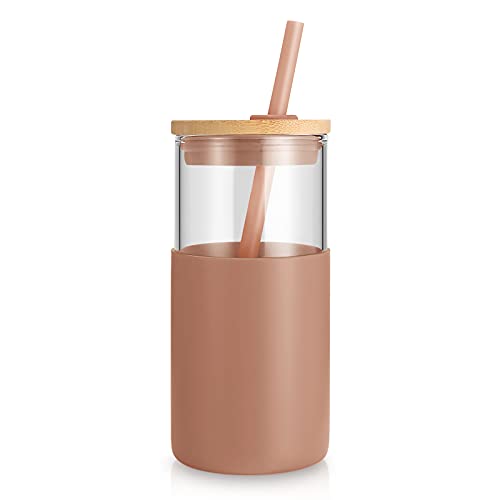 Tronco 16 Oz Glass Tumbler With Straw And Bamboo Lid, Iced Coffee Cup Reusable, Smoothie Cups, Tumbler With Silicone Protective Sleeve - Bpa Free #TOP1