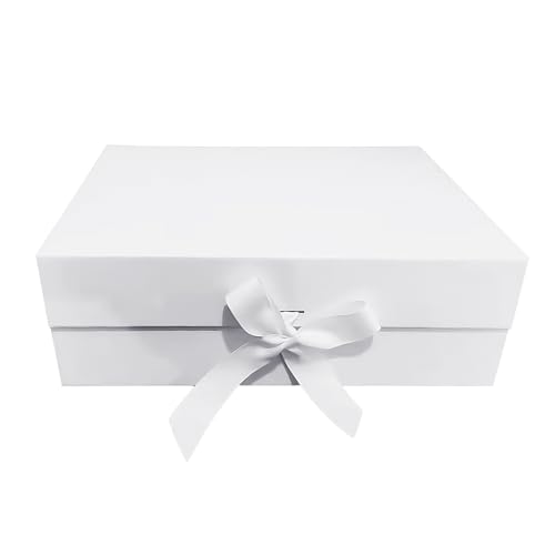 Premium White Magnetic Gift Boxes with Ribbon - Luxury Cardboard Boxes for Gifts, Vouchers, & Presents - Includes Shredded Tissue Paper - Large & Foldable - Perfect for Weddings, Birthdays & More