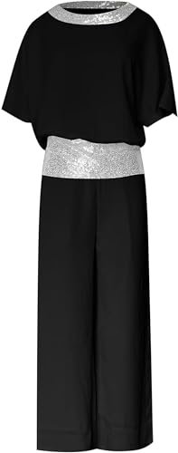 Sequined-Colorblock Elegant Two-Piece, Round Neck Chiffon Wide Leg Pant Suit, Womens Suit Set Loose 2 Piece3