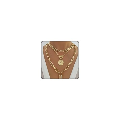 3 Pcs Chunky Gold Layered Necklaces Stackable Multilayer Link Chain Collar Punk Style Paperclip Chain Toggle Clasp Choker Gold Coin Lock Pendant Necklace Trendy Jewelry Gifts
