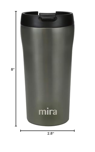 MIRA 16 oz Coffee Travel Mug - Stainless Steel Insulated Tumbler with Leak-Proof Lid - Hot & Cold Cup - Gray Satin