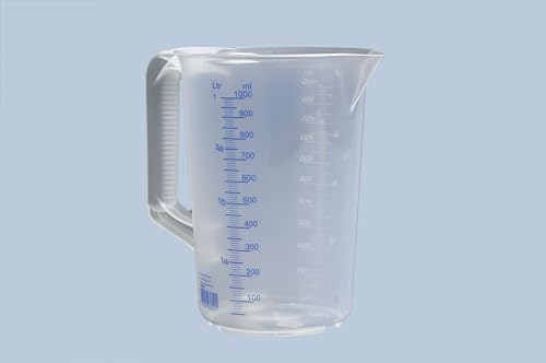 hünersdorff Messbecher 1l | Polypropylen (PP) | bruchsicher und spülmaschinengeeignet | geschlossener Griff | blaue Skala, Transparent+blau