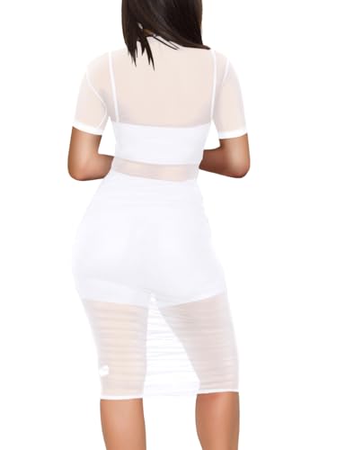 Image of Lrady Women's Elegant High Neck Sexy Sheer Mesh See Through Short Sleeve Stretch Bodycon Dress, White, Large