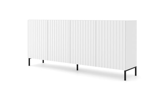 Homlando Commode Wave 4D 200 cm avec façades en MDF décorées fraisées sur pieds en métal, buffet, buffet, meuble haut 4 portes, armoire (blanc)