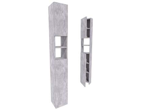 CraftPAK Badezimmerschrank 24 cm Breit, Badschrank, Hochschrank 7 Fächer Verstellbar 2 Türen Badezimmermöbel Badmöbel Schmal Holz Grau