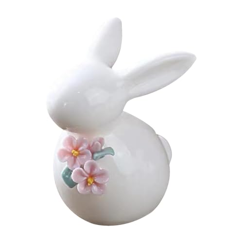 Image of White Ceramic Rabbit Figurine with Pink Flowers, Easter Bunny Statue