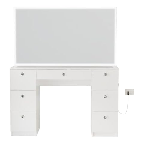 Boahaus Seraphine White Makeup Vanity Desk with Mirror and Lights, 7 Drawers, Glass Top, Hollywood Wide Mirror, Vanity Set with LED Lights, Crystal Knobs, Dresser for Bedroom with Mirror Cover
