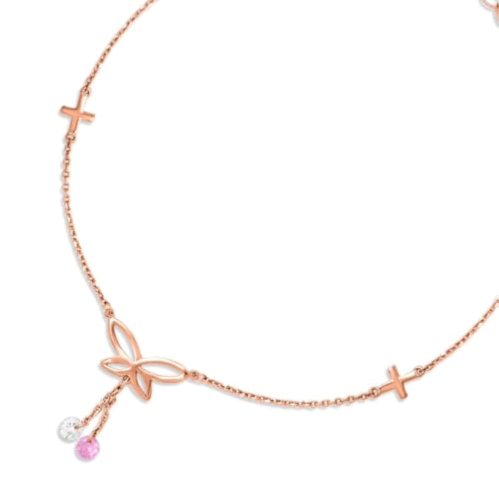 925 Sterling Silver Butterfly Anklet with Pink & White Drops