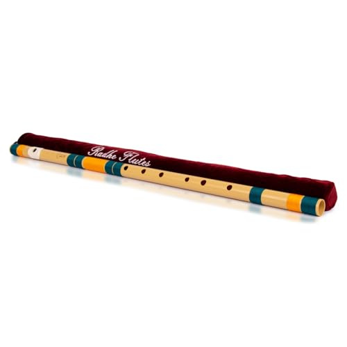 Image of Radhe Flutes | E Natural Right Handed Base Bansuri | Tuned With Tanpura A=440Hz | PVC Flute + Velvet Cover + Hindi & English Flute Lessons | PERENT (Beige Flute With Dark Green & Orange Threads)