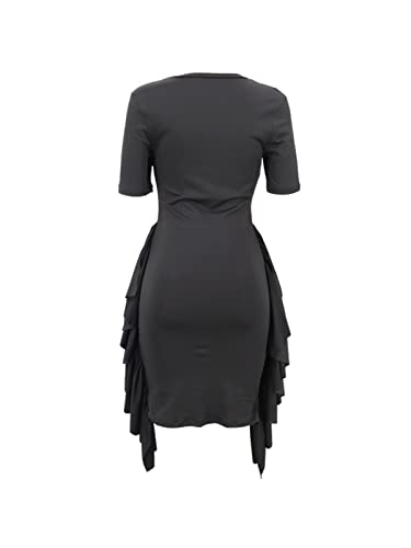 Chatinction Summer Casual Dress For Womens Short Sleeve O Neck Work Dress Slim Above Knee Dresses Partywear Black S #TOP5