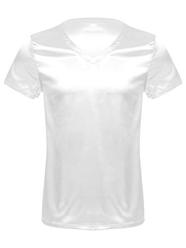 Mens Satin V Neck Short Sleeve T-Shirt Loose Pajamas Undershirts Nightwear