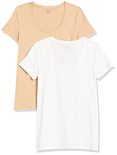 Amazon Essentials Maglietta da Donna Classica a Maniche Corte con Scollo Rotondo (Disponibile in Taglie Forti), Confezione da 2, Bianco/Cammello Chiaro, Taglia S