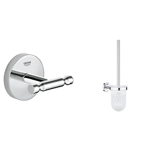 Grohe Bau Cosmopolitan - Bademantelhaken (Metall, Verdeckte Befestigung, langlebige Oberfläche), chrom, 40461001 & Bau Cosmopolitan - Toilettenbürstengarnitur (Material: Glas/Metall) chrom, 40463001