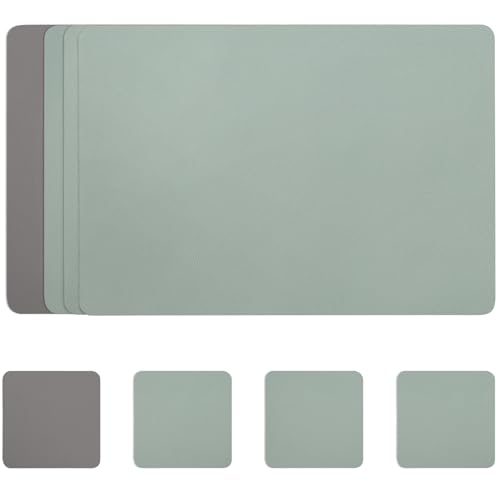 Myir JUN Manteles Individuales, Salvamanteles Manteles Lavables y Posavasos Mantel Individual Plastico de Doble Cara Antideslizant Mantel Individuales de PVC (Gris Verde Salvia, Juego de 4)