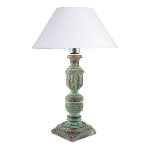 Image of Homesake Handcrafted Wooden Table Lamp for Living Room & Bedroom | Bedside Rustic Algae French Table Lamp with White Fabric Shade | Included Bulb | Decorative Wooden Night Lamp for Home Decor