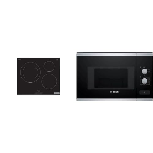 Bosch PUJ631BB5E TouchSelect - Encimera inducción encastrable, 60 cm, 3 zonas, zona de 28 cm, Ser. Círculo, Bisel delantero, negro & Microondas Integrable, Serie 4, 20 litros, 800 W, Negro, BFL520MS0.