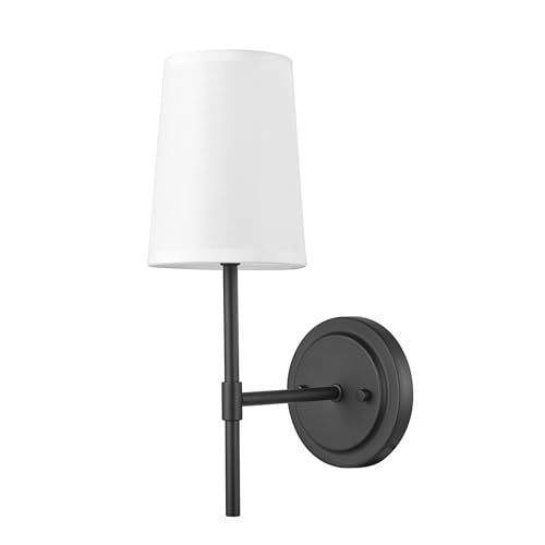 Image of Globe Electric 51859 1-Light Wall Sconce, Matte Black, White Fabric Shade, Wall Lighting, Wall Lamp Dimmable, Wall Lights for Bedroom, Kitchen Sconces Wall Lighting, Home Decor, Bulb Not Included
