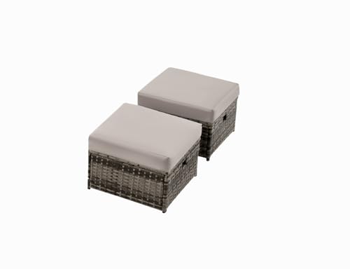 Patio Furniture Set 2 Pieces Ottoman Rattan Foot Stool with Removable Cushions for Balcony Lawn and Garden (Gray & Gray)