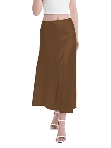 Urban CoCo Women's A-Line Satin Long Skirt Silk Elegant High Waist Cocktail Party Wedding Flowy Midi Skirts(S, Coffee)