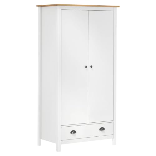 KOIECETA Kiefernholz Massiv Kleiderschrank mit 2 Türen 1 Schublade 1 Regal Garderobenschrank Holzschrank Schlafzimmerschrank Schrank Weiß 89x50x170 cm