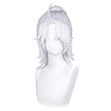 GUKAIIIZLDFGL Men's Short Silver White Ponytail Wig Fashion Male Role Anime Cosplay Wigs Game Costume Fancy Dress Wigs Heat Resistant Synthetic Wig for Halloween Party