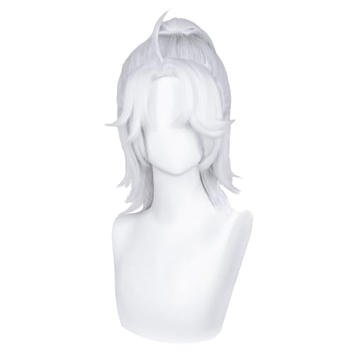 GUKAIIIZLDFGL Men's Short Silver White Ponytail Wig Fashion Male Role Anime Cosplay Wigs Game Costume Fancy Dress Wigs Heat Resistant Synthetic Wig for Halloween Party