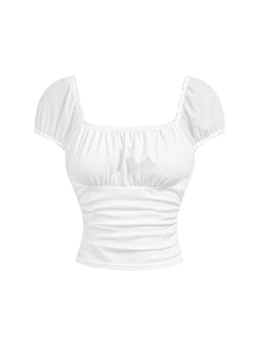 Girl's Ruched Puff Cap Sleeve T Shirts Square Neck Summer Tight Tees