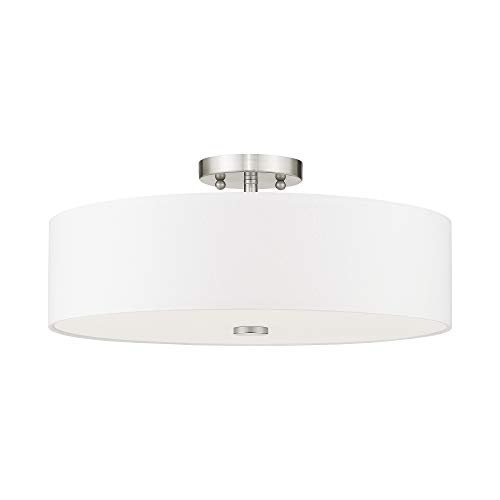 Image of Livex Lighting 51055-91 4-Light Semi Flush Ceiling Light, Brushed Nickel | Off-White Fabric Hardback Drum Shade