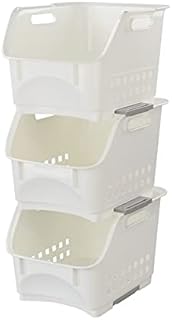 Tyminin 3 Packs Plastic Stacking Storage Baskets, Kitchen Vegetable and Fruit Rack Bin, White