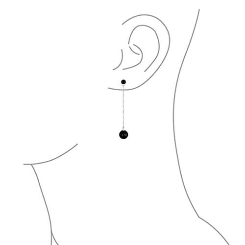 Simple Gemstone Dangle Double Round Genuine Black Onyx or Green Jade Long Linear Dangle Chain 2 Ball Earrings For Women .925 Sterling Silver 8MM3