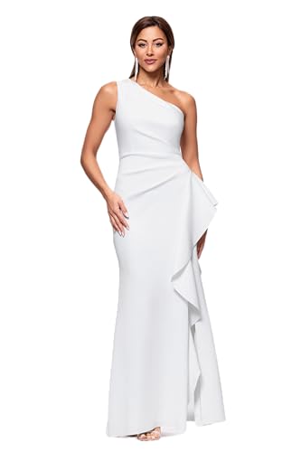 Image of Xscape Women's Floor Length One Shoulder Ruched Waist with Ruffle Bodice Evening Dress with Side Slit