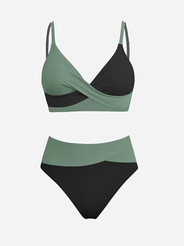 CUPSHE Women's Bikini Sets Two Piece Swimsuit High Waisted V Neck Twist Front Adjustable Spaghetti Straps Bathing Suit, Black/Green, Large - 4