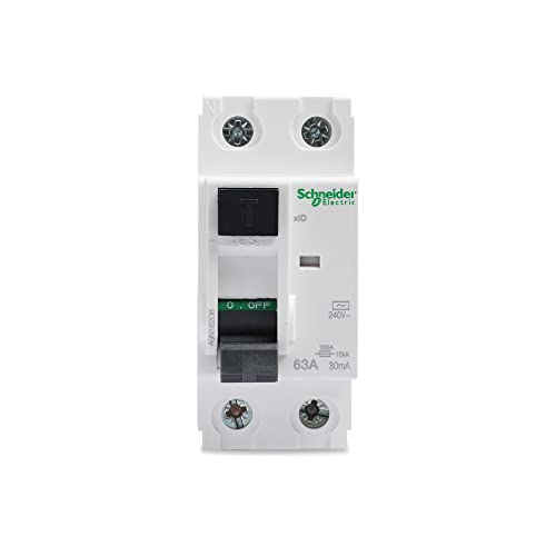 Image of Schneider Electric Acti9 xID RCCB 63A 2-Pole 30mA AC Type (A9N16208) | Residual Current Circuit Breaker for Electric Shock & Fire Protection | DIN Rail Mount | IEC /EN Certified | White
