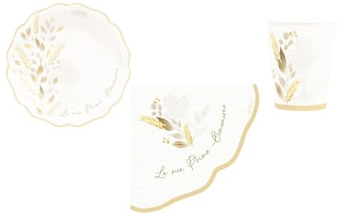 Il kit comprende: 8 PIATTI COMPOSTABILE in carta 21 CM - 8 BICCHIERI COMPOSTABILE in carta 250 CC - 16 TOVAGLIOLI in carta con smerlo 33X33 CM