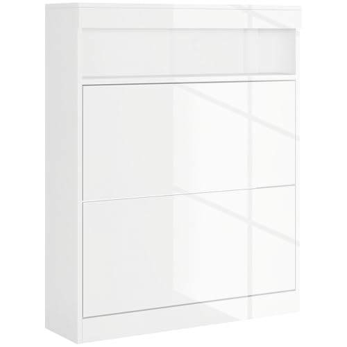 HOMCOM Narrow Shoe Cabinet, Wall Mounted or Freestanding Shoe Storage Cabinet with 2 Flip Drawers and Open Shelf for 12-16 Pairs of Shoes for Entryway, High Gloss White