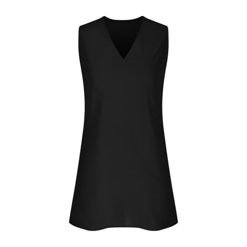 HGps8w Women's Cotton Linen V Neck Cinched Slim Tank Dresses Elagant Sleeveless Solid Color Business Office Party Mini Dress3