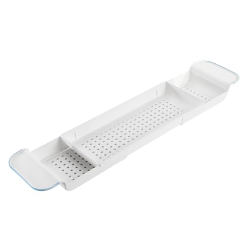 Madesmart Expandable Bath Tray for Bathtubs, Plastic Shower and Bath Shelf Caddy, White, Multifunctional Bathtub Bathroom Organizer