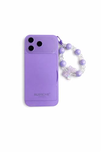 Image of 2 in 1 Faux Phone Case Makeup Palette with Mirror & Applicator | Pastel Portable Eyeshadow Kit | Compact Travel Makeup Box with Beaded Strap (Purple)