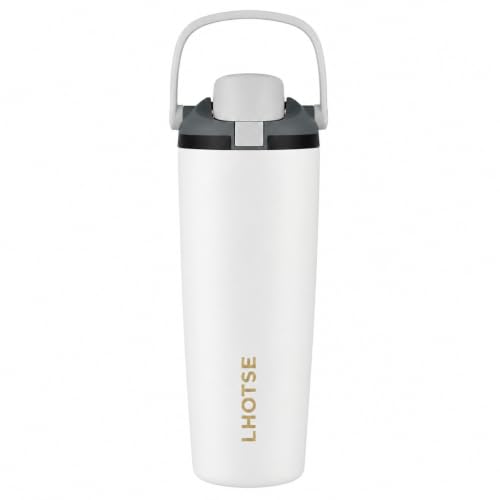 Image of LHOTSE Gym Water Bottle 30oz - Leak Proof Lock Lid, Matte Metallic Finish, Carry Handle, Durable Stainless Steel, Perfect for Workout & Sports (Ice White, 900 ML)