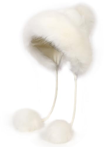sy soul young Womens Faux Fur Hats Pom Pom Winter Hat with Ear Flaps Ponytail Girl Ski Snow Skull Cap Fluffy(One Size White)