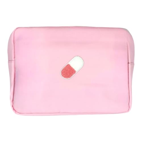 BLOC Bags Travel Makeup Bag, Cosmetic Bags for Women, Large Cute Toiletry Bag, XL Make up Bag, Medium Beauty Bag with Chenille Patch, Inside Zipper Pouch and Mesh Pockets (Pill, Baby Pink)